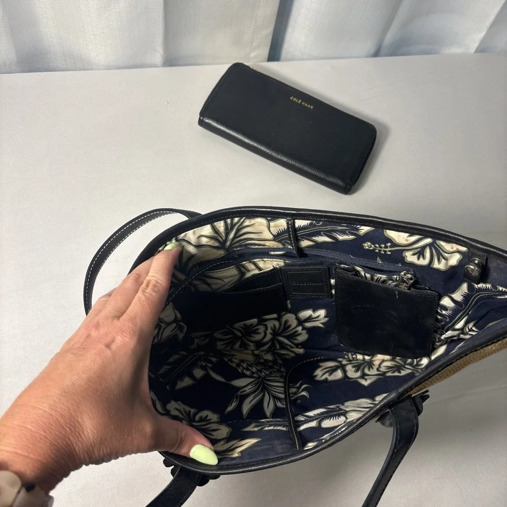 Cole Haan Purse & Wallet Woven Straw Black Faux Leather Shoulder Floral Accents
